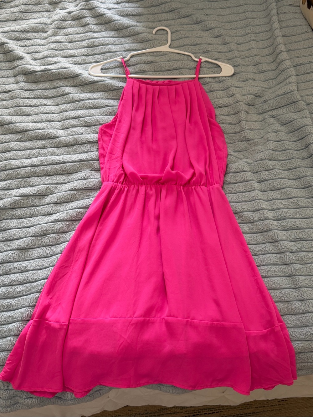 Collective Concepts Hot Pink Pleated Halter Midi Dress